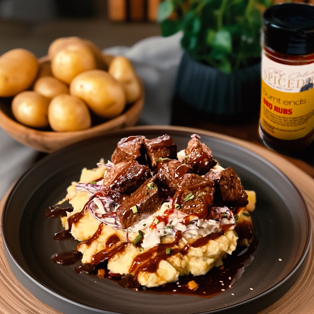 Burnt Ends Beef Tips with Mashed Potatoes and Cole Slaw | SpicedUpSeasonings