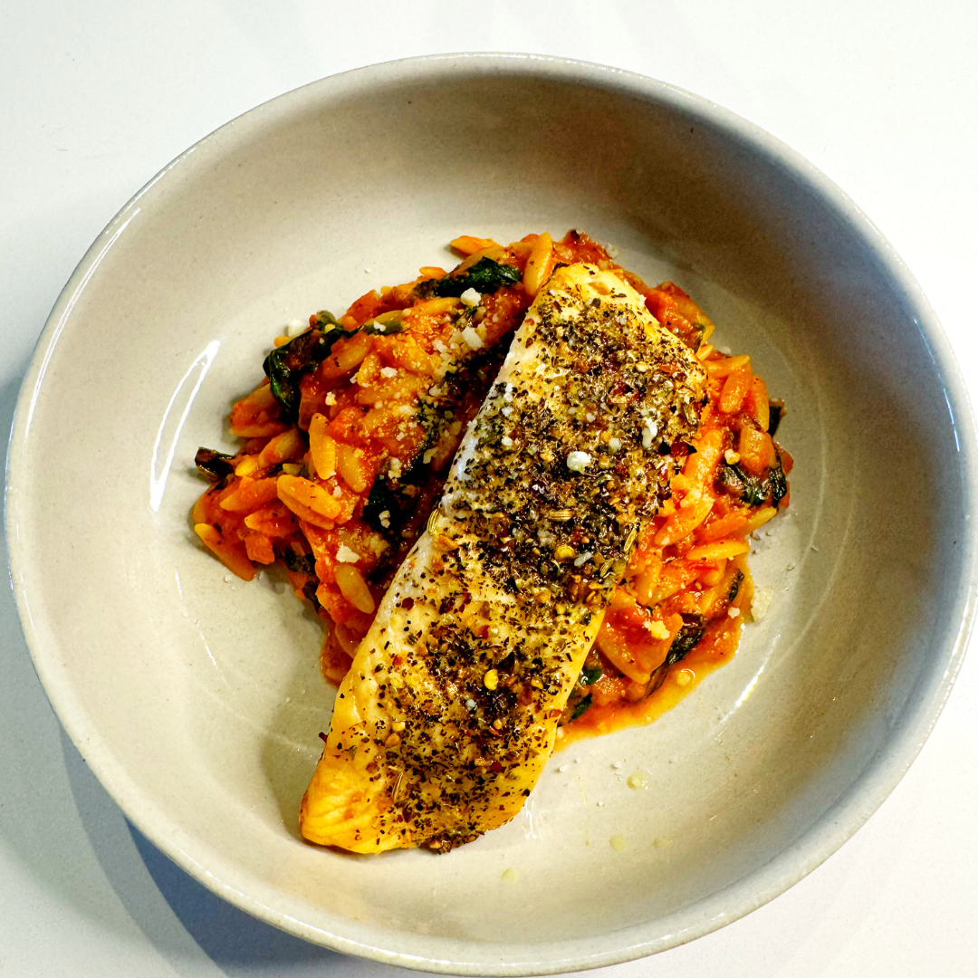 Air Fryer Tuscan Spiced Salmon with Creamy Orzo and Spinach