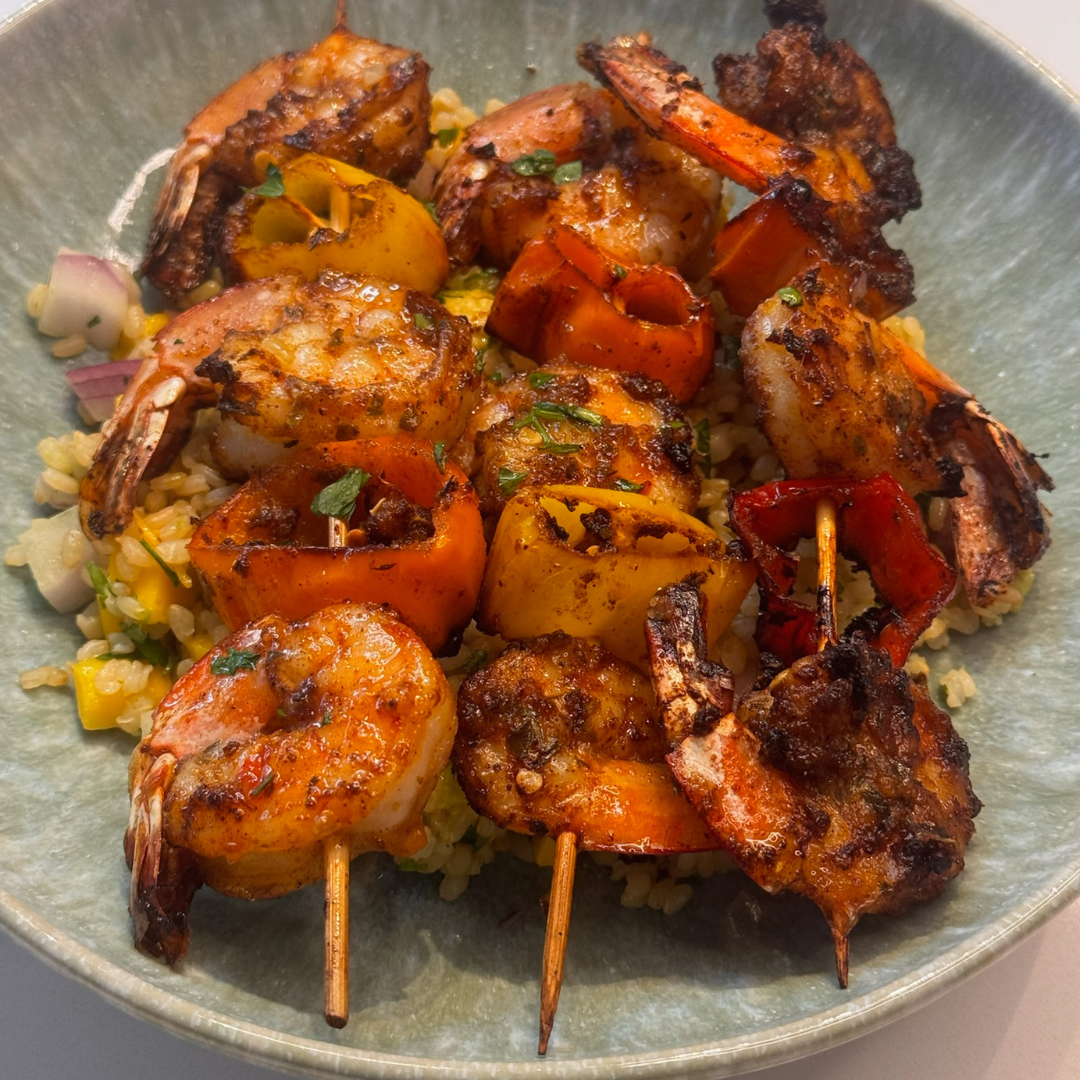 Spicy BBQ Shrimp with Mango Avocado Rice Salad